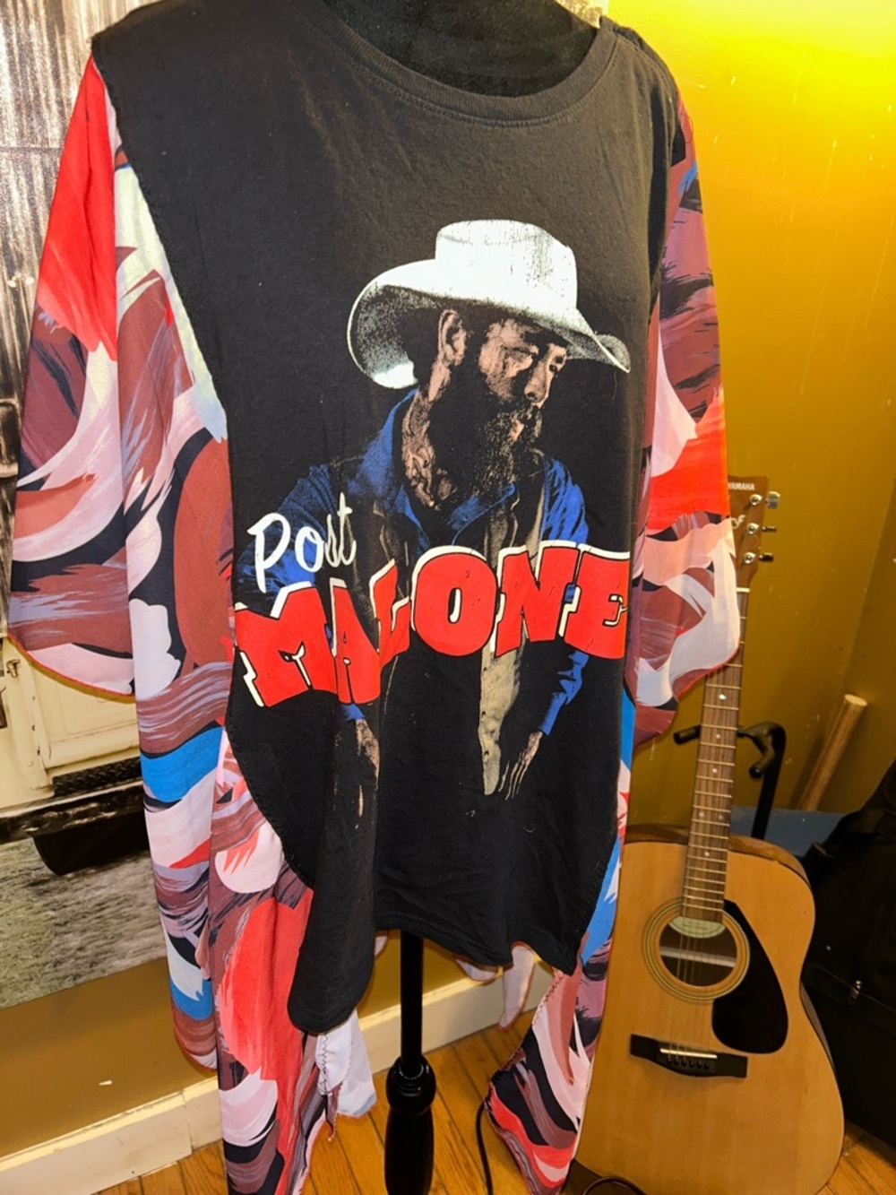 Upcycled post Malone Red & Black Graphic Short Sleeve with attached kamono